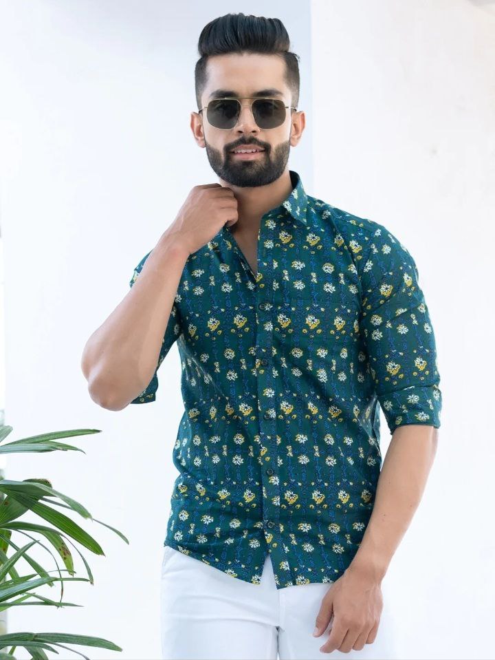 GREEN JAIPURI PRINTED COTTON SHIRT