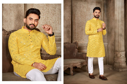 YELLOW HALDI SEPICEL MIRROR MENS KURTA ONLY