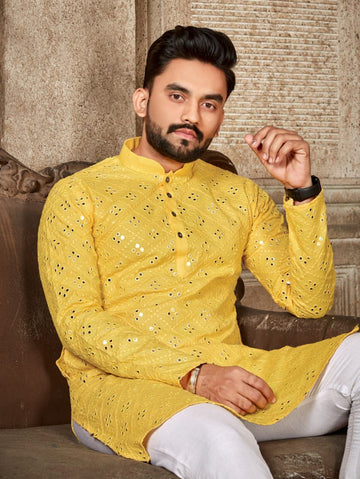 YELLOW HALDI SEPICEL MIRROR MENS KURTA ONLY