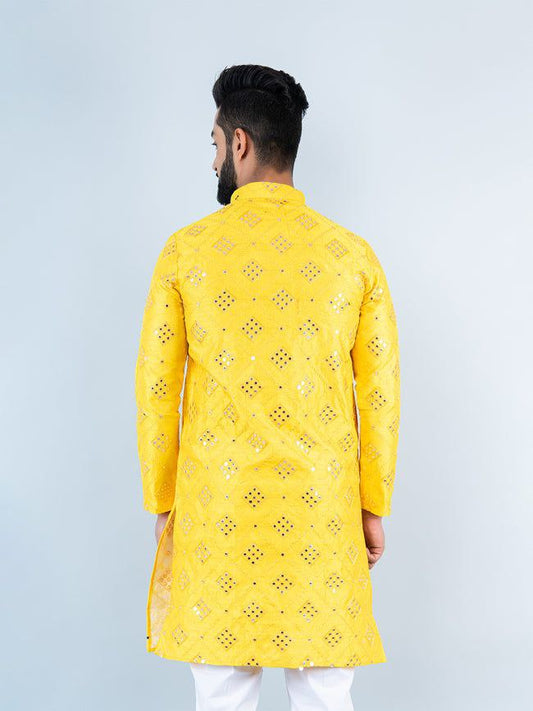 YELLOW 9 MIRROR EMBROIDERY MENS KURTA ONLY