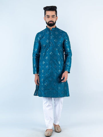 BLUE 9 MIRROR EMBROIDERY MENS KURTA  WITH PAJAMA