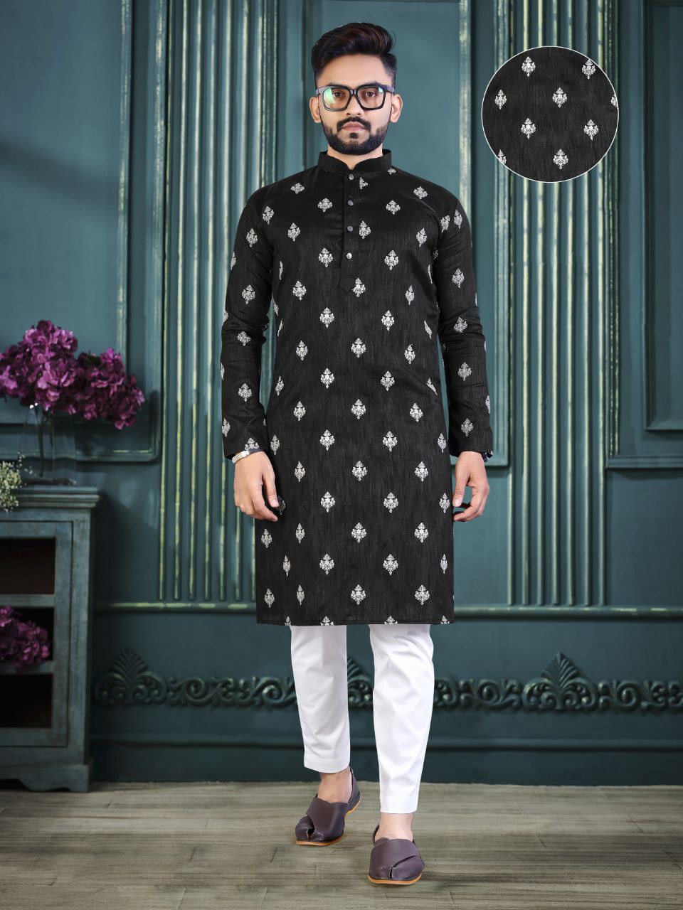 BLACK 3MM SEQUENCE MOTIF DESIGN  EMBROIDERY WORK MEN'S KURTA ONLY