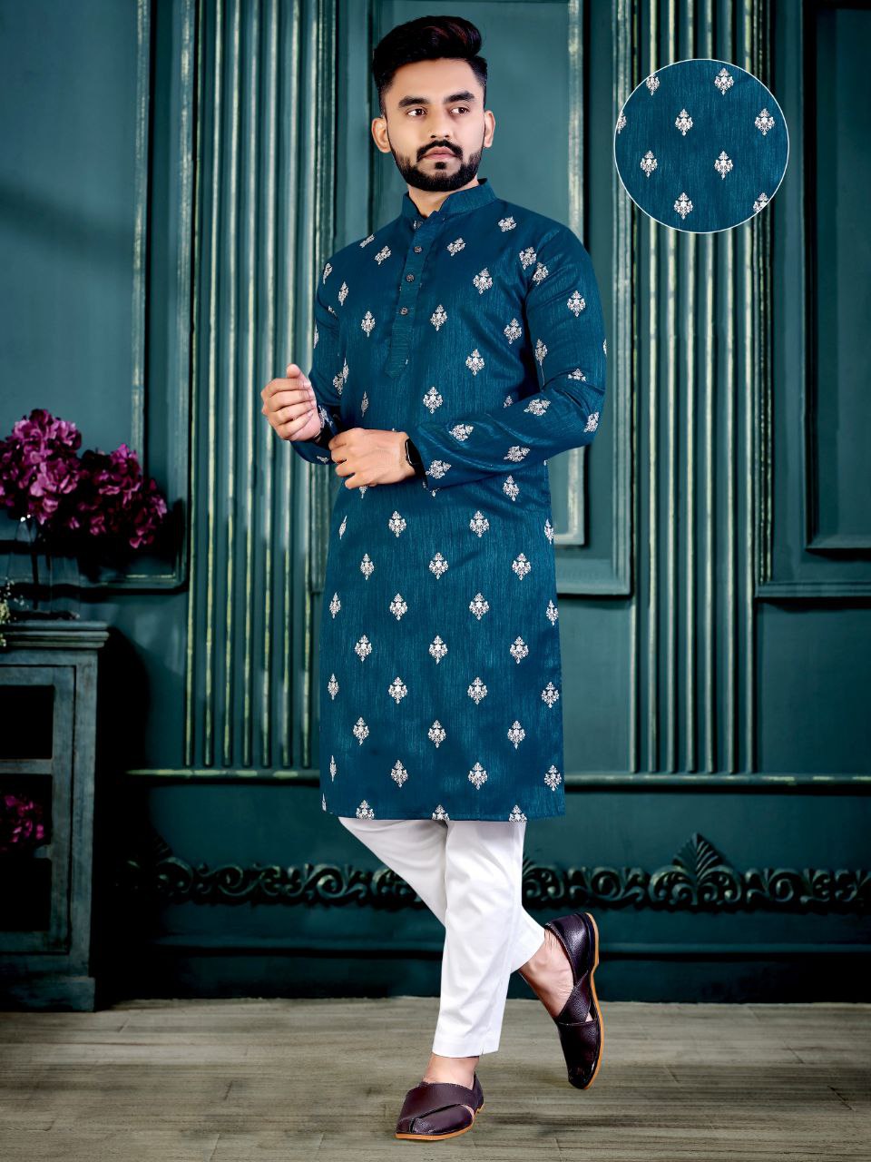 BLUE 3MM SEQUENCE MOTIF DESIGN  EMBROIDERY WORK MEN'S KURTA  WITH PAJAMA