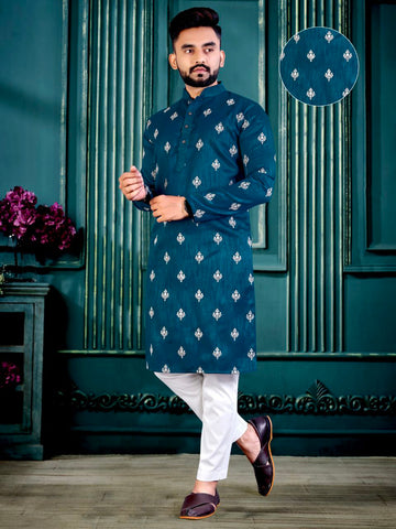 BLUE 3MM SEQUENCE MOTIF DESIGN  EMBROIDERY WORK MEN'S KURTA  WITH PAJAMA