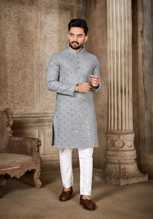 GRAY MIRROR EMBROIDERY KURTA ONLY