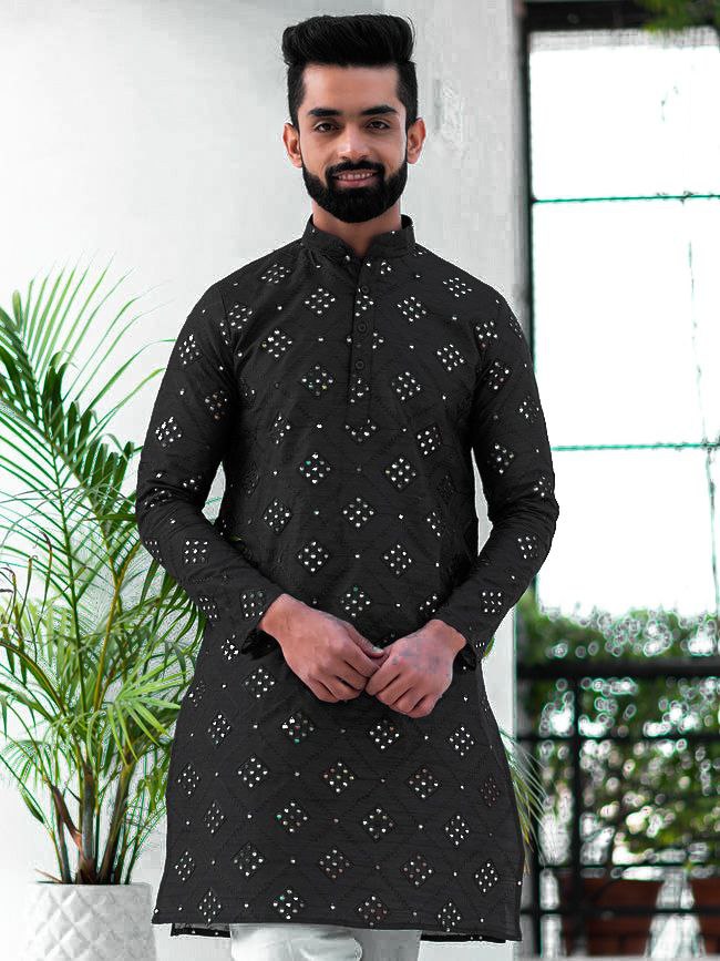 BLACK 9 MIRROR EMBROIDERY MENS KURTA  WITH PAJAMA