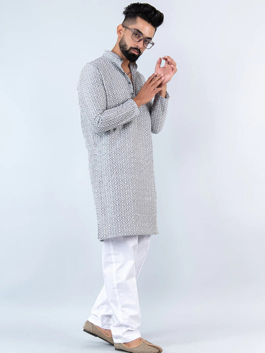 THE GRAY SCHIFFLI EMBROIDERY WORK MEN'S KURTA