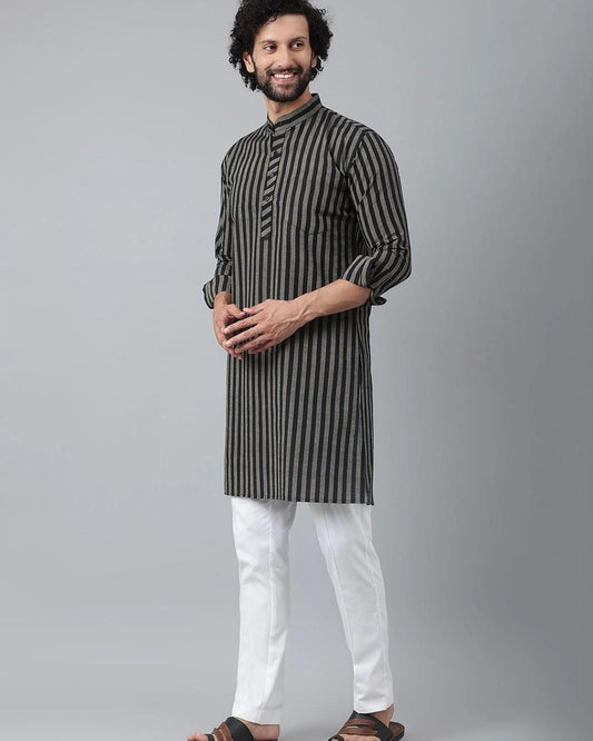 BLACK STRIPED PRINTED MENS KURTA  WITH PAJAMA