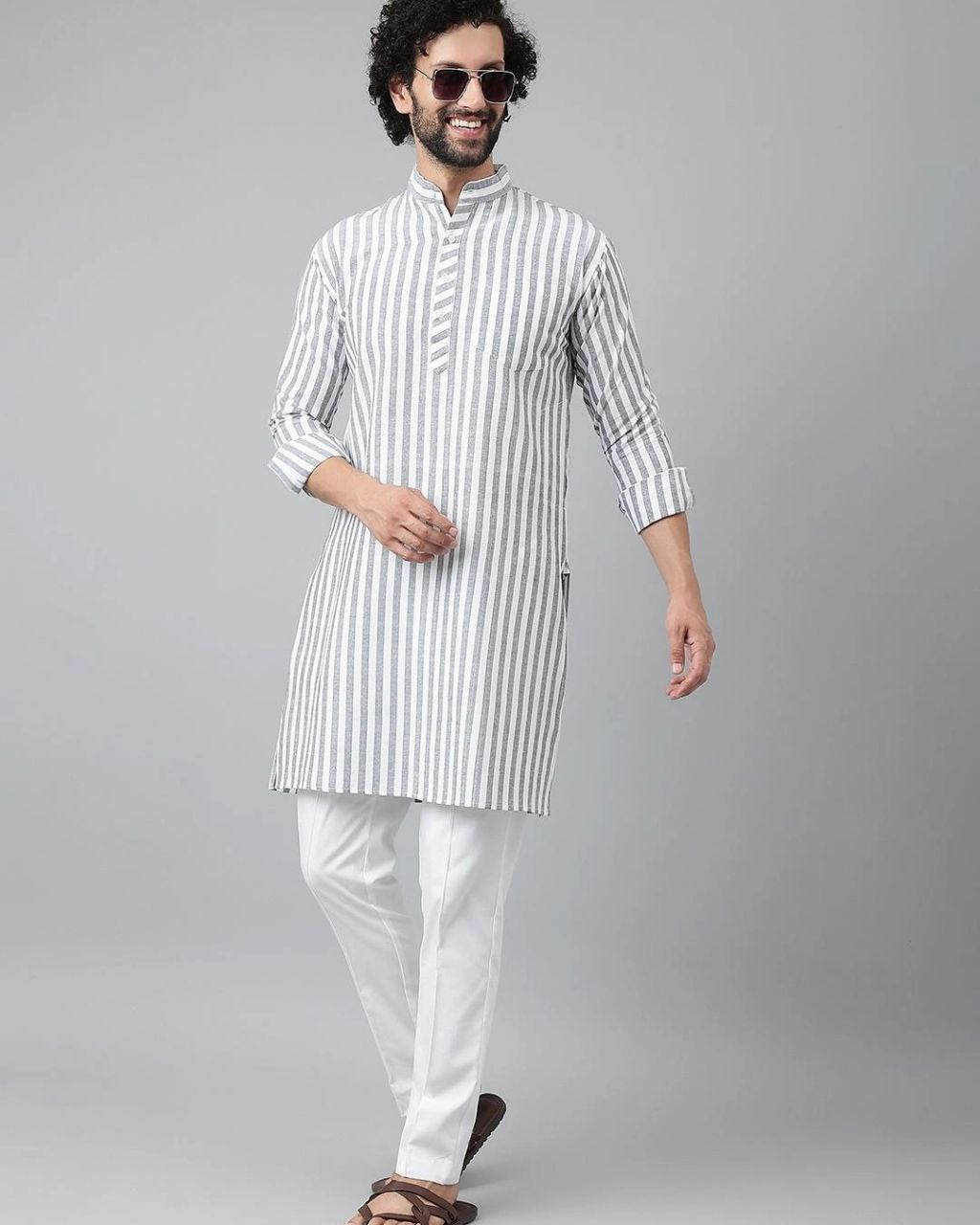 WHITE STRIPED PRINTED MENS KURTA ONLY