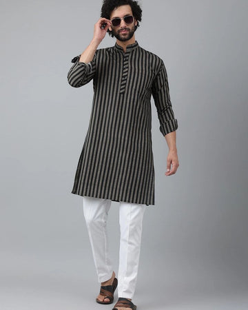 BLACK STRIPED PRINTED MENS KURTA  WITH PAJAMA