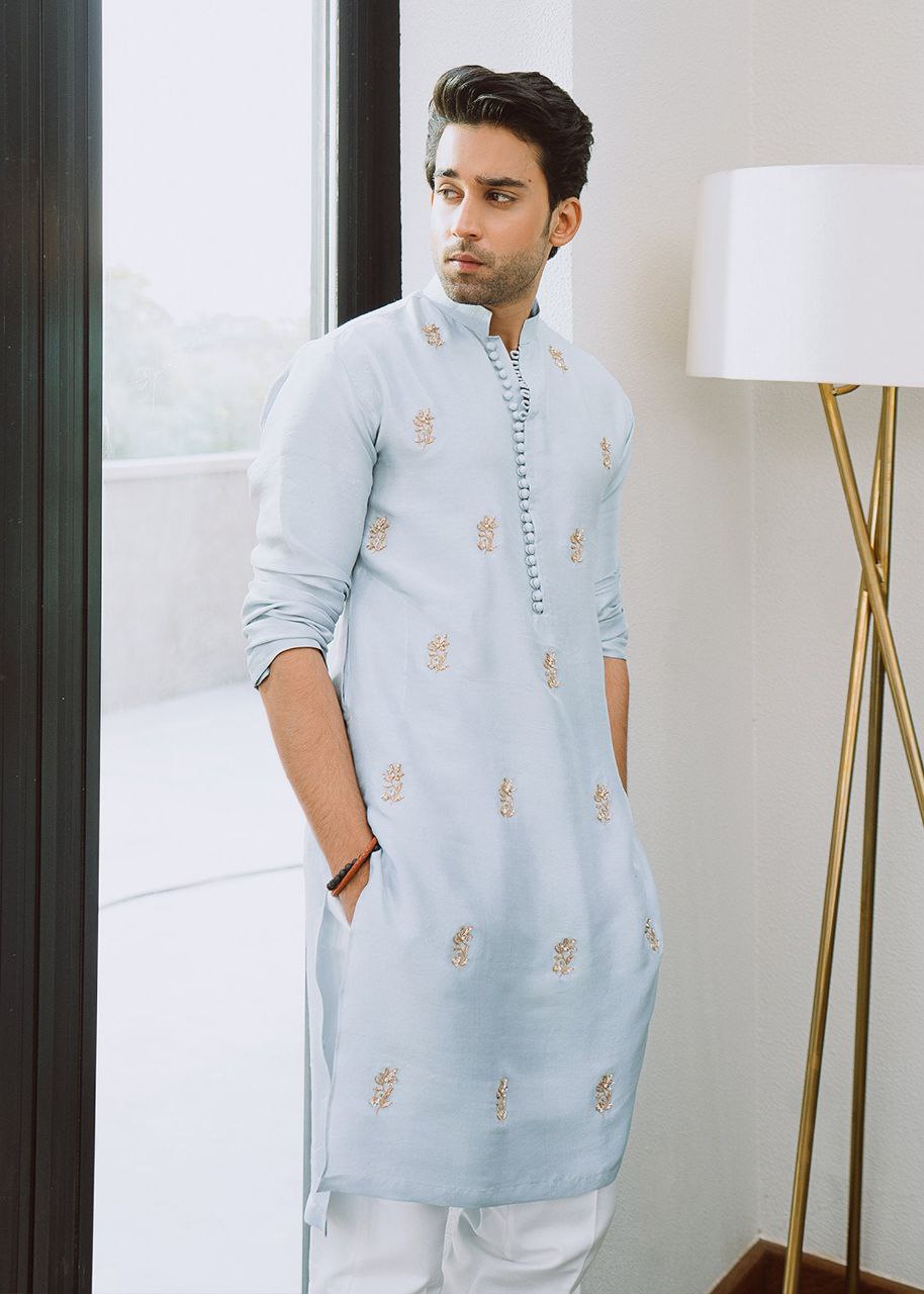 ICE BLUE BUTI MEN'S DESIGNER EMBRODRY KURTA WITH PAJAMA