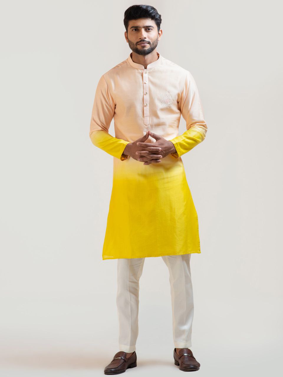 YELLOW SHADED PRINTED KURTA FOR MEN'SWITH PAJAMA