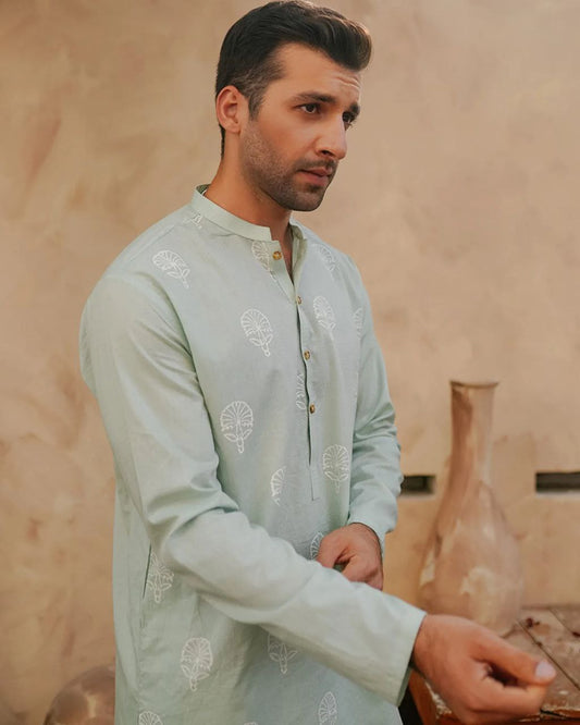 PISTA WHITE FLORAL EMBROIDERED MEN'S KURTA ONLY