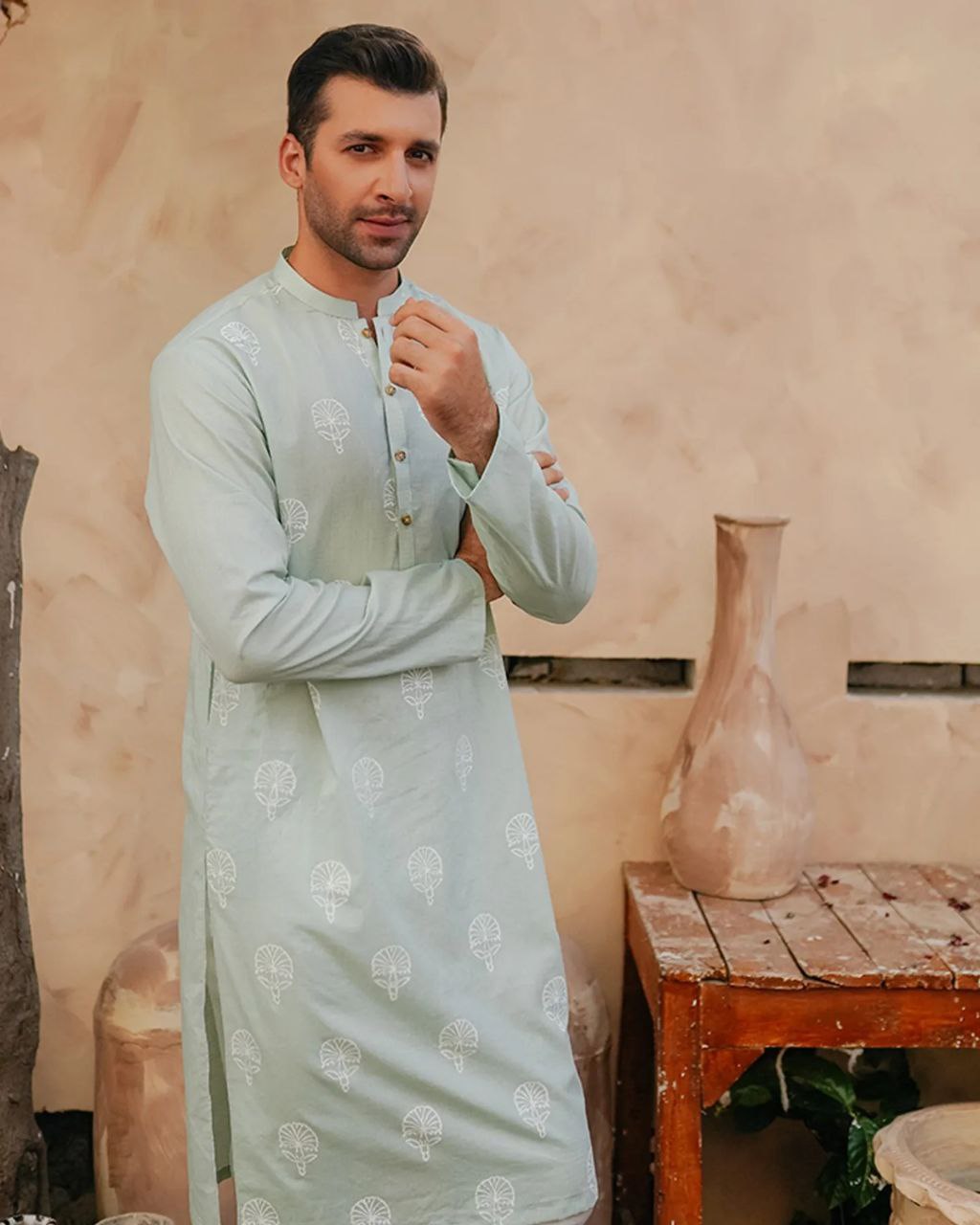 PISTA WHITE FLORAL EMBROIDERED MEN'S KURTA ONLY