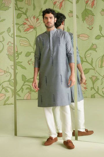 GRAY TREE EMBROIDERED MEN'S KURTA ONLY