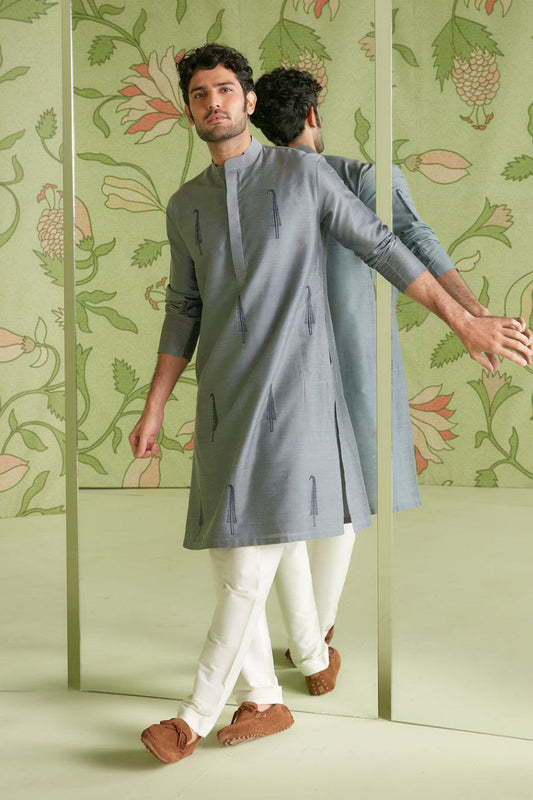 GRAY TREE EMBROIDERED MEN'S KURTA ONLY