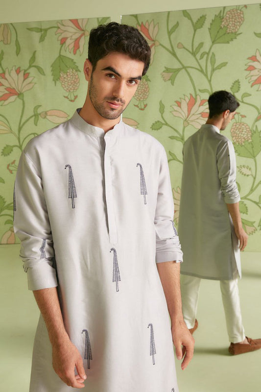 PLATINUM GRAY TREE EMBROIDERED MEN'S KURTA ONLY