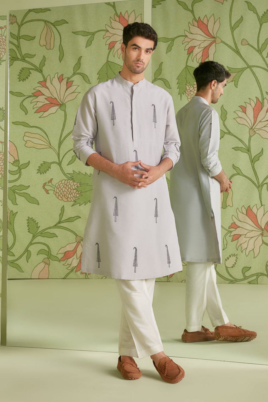 PLATINUM GRAY TREE EMBROIDERED MEN'S KURTA ONLY