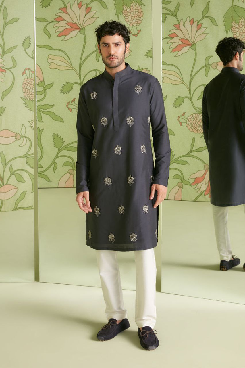 BLACK EMBROIDERED DESIGNER MEN'S KURTA  WITH PAJAMA