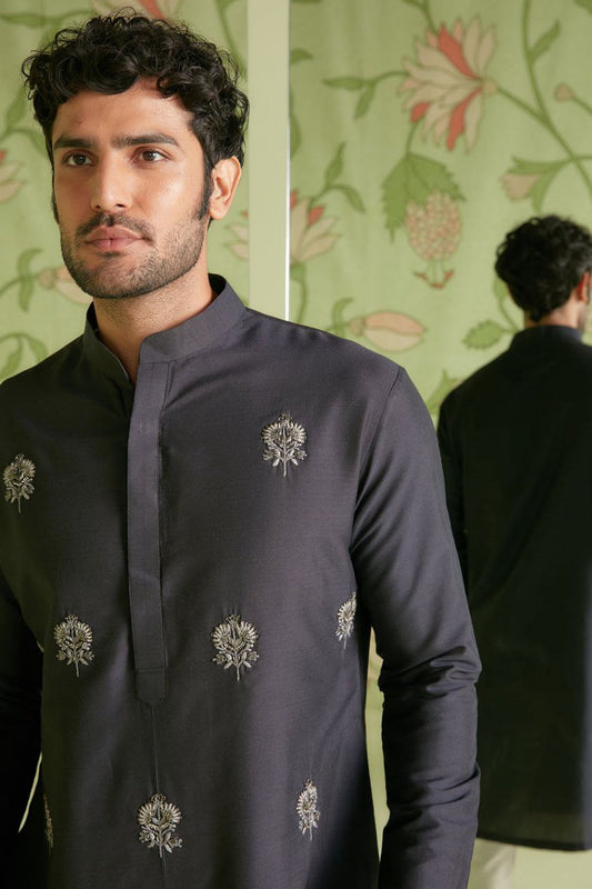 BLACK EMBROIDERED DESIGNER MEN'S KURTA  WITH PAJAMA