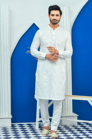 WHITE EMBROIDERED DESIGNER MEN'S KURTA WITH PAJAMA