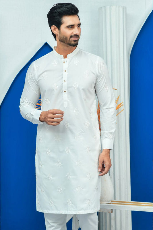 WHITE EMBROIDERED DESIGNER MEN'S KURTA WITH PAJAMA