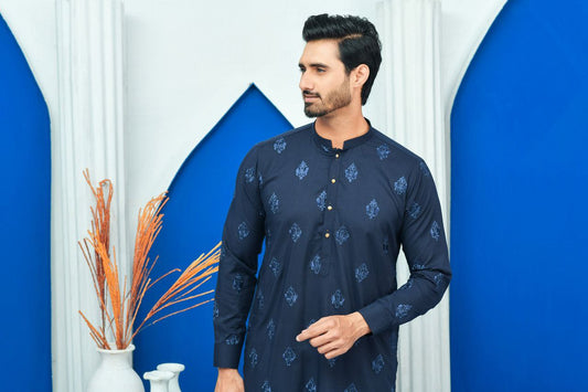 STEEL BLUE EMBROIDERED DESIGNER MEN'S KURTA ONLY