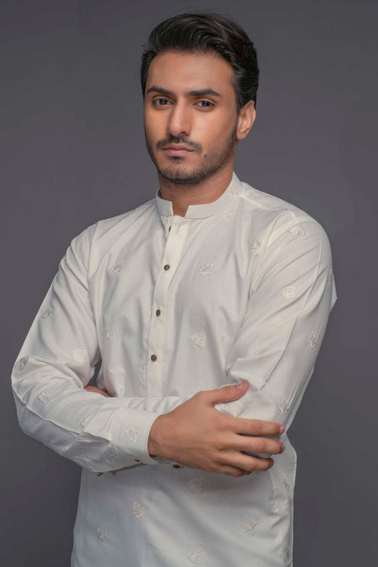 OFF WHITE EMBROIDERED DESIGNER NEN'S KURTA WITH PAJAMA