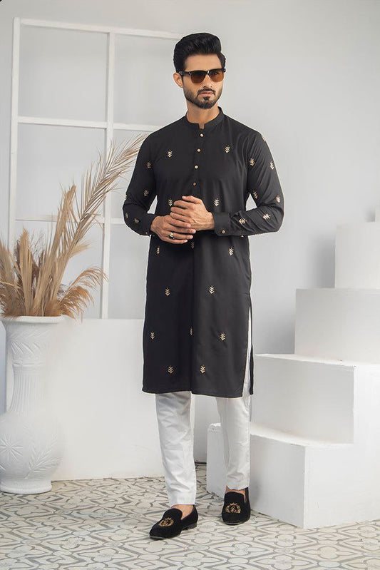 BLACK LEAF EMBROIDERED DESIGNER MEN'S KURTA  WITH PAJAMA