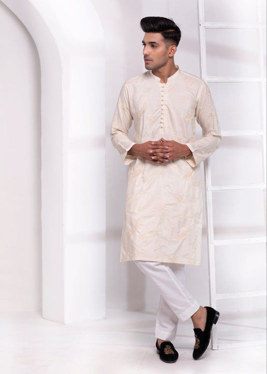 JASMINE WHITE LEAF EMBROIDERED MEN'S KURTA ONLY