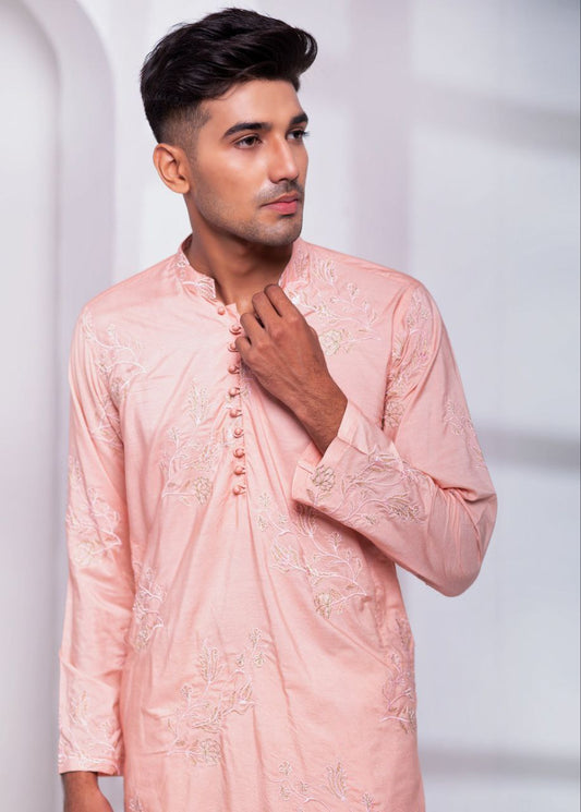 PEACH EMBROIDERY WORKED MENS KURTA WITH PAJAMA