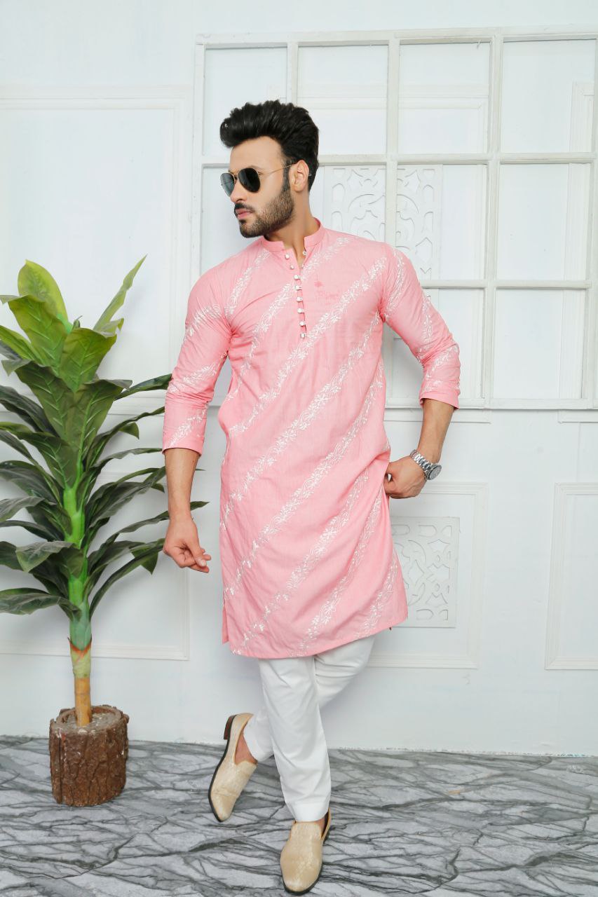 LIGHT PINK EMBROIDERY WORKED DESIGNER MENS KURTA WITH PAJAMA