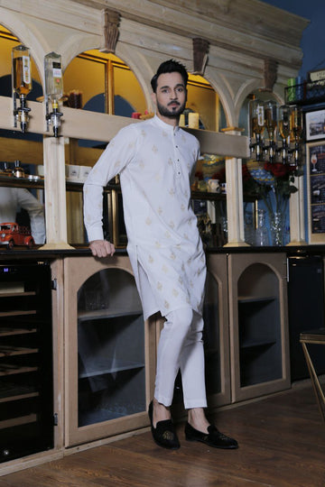 SMOKY WHITE EMBROIDERY WORKED MENS KURTA WITH PAJAMA