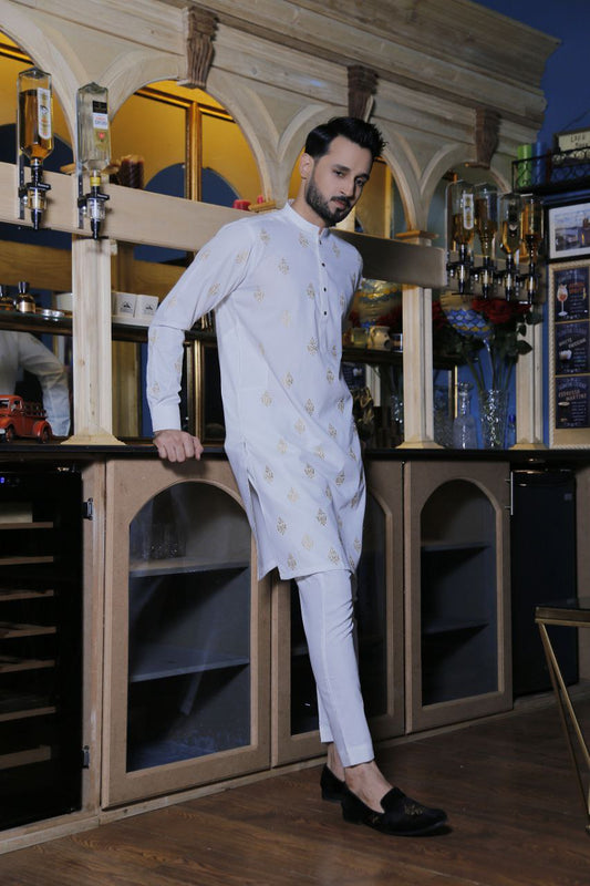 SMOKY WHITE EMBROIDERY WORKED MENS KURTA WITH PAJAMA