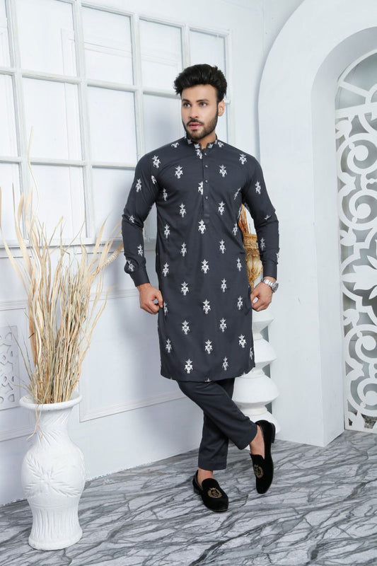 BLACK SILVER EMBROIDERED DESIGNER MEN'S KURTA ONLY