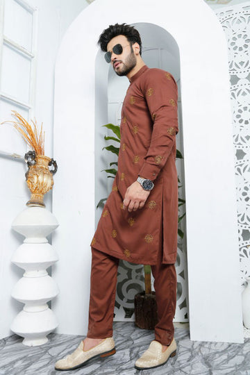 BROWN EMBROIDERY WORKED MEN'S DESIGNER KURTA ONLY