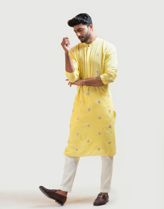 YELLOW FLORAL EMBROIDERED MEN'S KURTA WITH PAJAMA