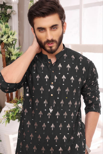 BLACK FOIL PRINTED MIRROR MEN'S KURTA  WITH PAJAMA