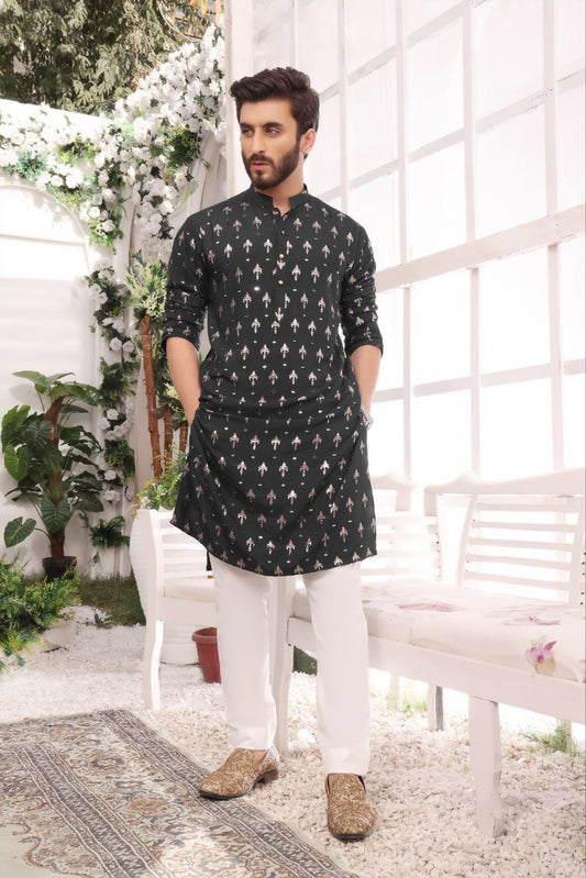 BLACK FOIL PRINTED MIRROR MEN'S KURTA  WITH PAJAMA