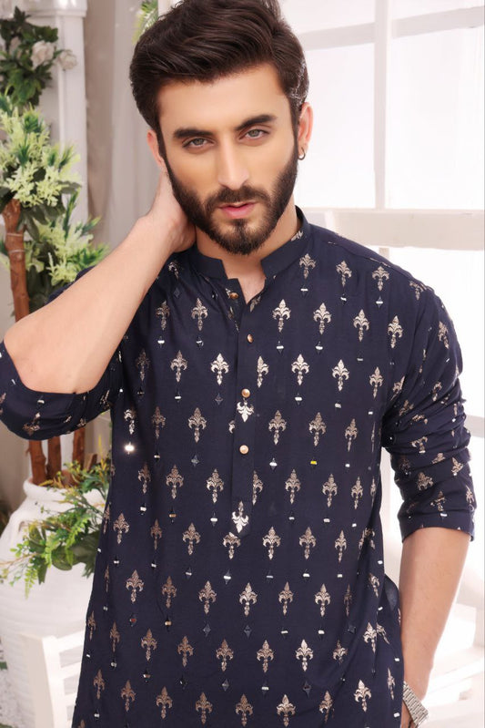 NAVY BLUE FOIL PRINTED MIRROR MEN'S KURTA ONLY