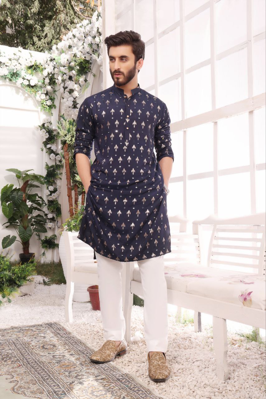 NAVY BLUE FOIL PRINTED MIRROR MEN'S KURTA ONLY