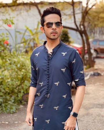 BLUE LEAF EMBROIDERY WORK MEN'S KURTA WITH PAJAMA