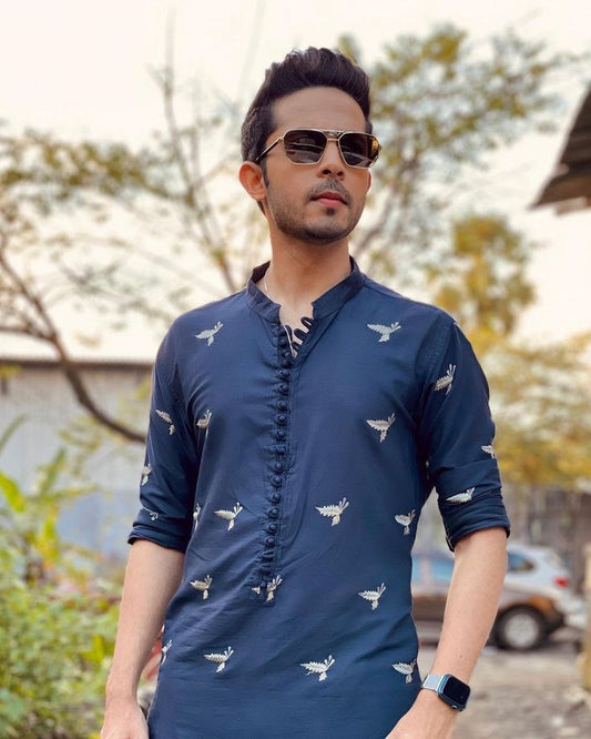 BLUE LEAF EMBROIDERY WORK MEN'S KURTA WITH PAJAMA