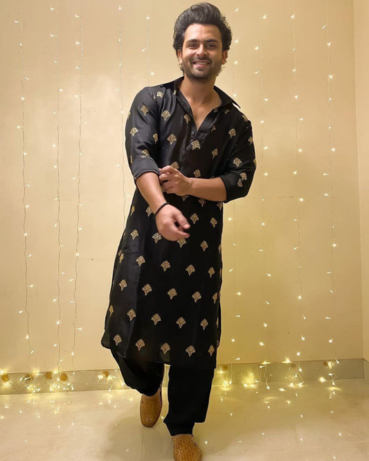 BLACK SEQUENCE EMBROIDERY WORKED MEN'S KURTA + BLACK PAJAMA