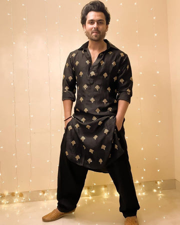 BLACK SEQUENCE EMBROIDERY WORKED MEN'S KURTA + BLACK PAJAMA