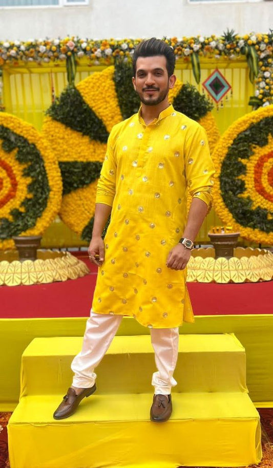 YELLOW SEQUENCE WORK MEN'S KURTA