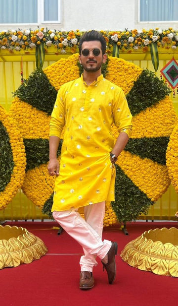 YELLOW SEQUENCE WORK MEN'S KURTA