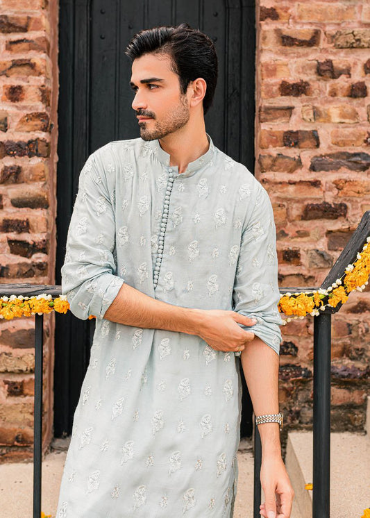 POWDER BLUE EMBROIDERY WORK MEN'S KURTA WITH WHITE PAJAMA