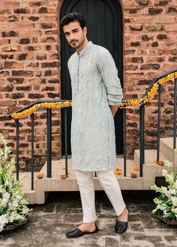 POWDER BLUE EMBROIDERY WORK MEN'S KURTA WITH WHITE PAJAMA