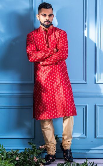 RED TRADITIONAL JACQUAD PRINTED MEN'S KURTA